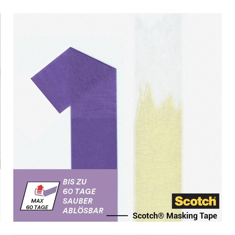 A purple number 1 in masking tape appears next to a strip of white tape that has been peeled off yellow. Text: "Removable cleanly for up to 60 days." Scotch® painter's masking tape for delicate surfaces, 24 mm x 41 m, from 3M Deutschland GmbH.