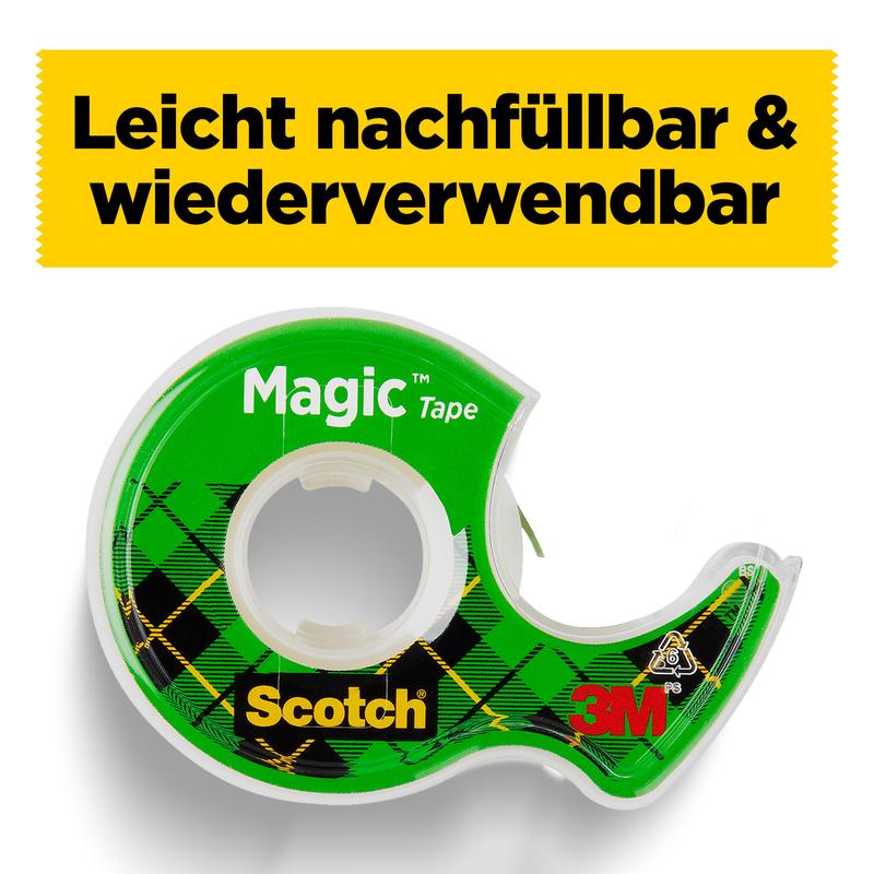 A green Scotch® Magic™ Invisible Tape dispenser with a checkered design holds a roll. German text on a yellow background: "Easy to refill & reusable." Product: 3M Deutschland GmbH, 8-1925R3, 19 mm x 25 m, 3 rolls/pack refill pack.
