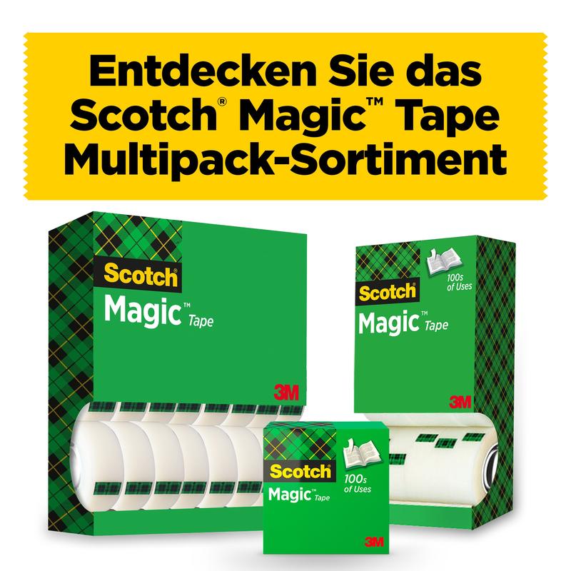 Three packs of Scotch® Magic™ Invisible Tape from 3M Deutschland GmbH are depicted on a white background. A yellow German banner above reads: "Discover the Scotch Magic Tape Multipack Range.