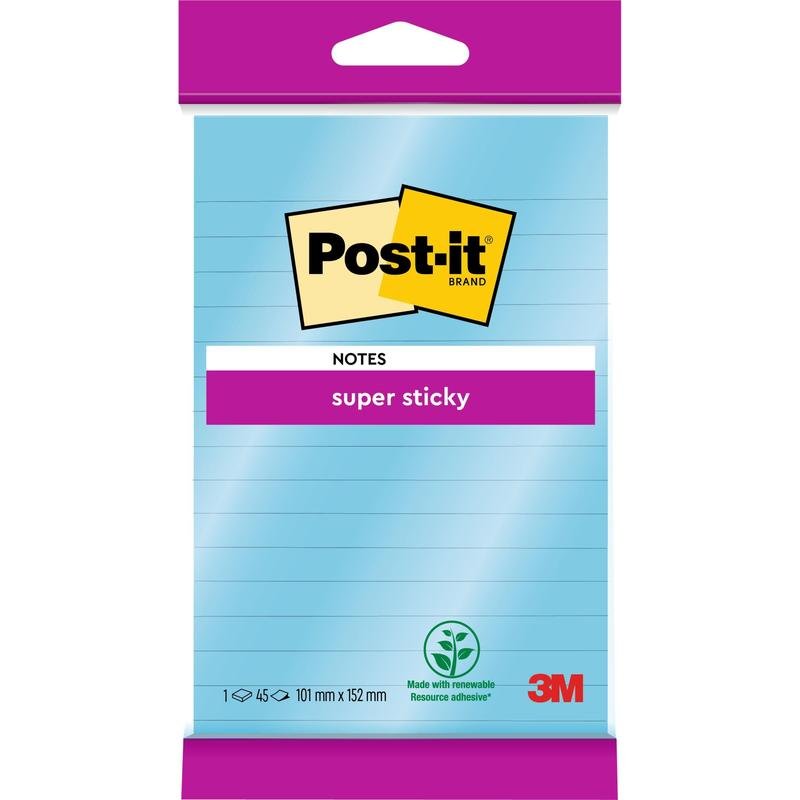 A pack of Post-it® Super Sticky Notes in large format, lined, 102 mm x 152 mm, 45 sheets/pad, from 3M Deutschland GmbH, with extra strong hold and 100% PEFC seal on the packaging.