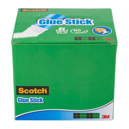A green box with the inscription "Scotch® Permanent Glue Stick, 8 g | 1 piece" from 3M Deutschland GmbH shows product details and icons for solvent-free and temperature resistance. The unopened box is depicted on a white background.