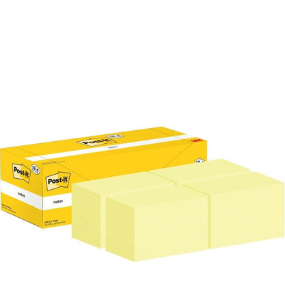 A yellow box with Post-it® Notes (76 mm x 127 mm, 100 sheets/pad, 18 pads + 6 free) from 3M Deutschland GmbH is shown with neatly stacked yellow note pads; the packaging displays the Post-it logo and product information.