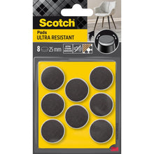 A pack of 3M Scotch® Extra Durable Felt Pads SP87A35, self-adhesive gray/white felt pads (Ø 25 mm, 8/pack), on yellow packaging with extra strong adhesive and a chair symbol in the top right corner.