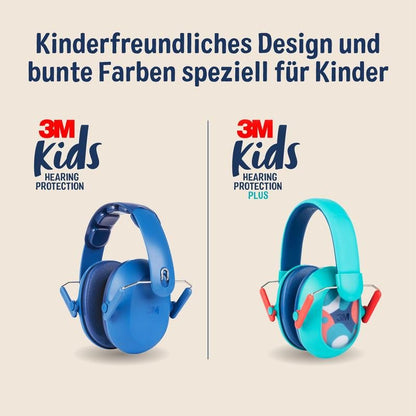 Pictured are two 3M™ Kids Hearing Protection: left in blue, right in teal (PKIDSP-TEAL-E, 87-98 dB). The text highlights the child-friendly design and colorful options from 3M Deutschland GmbH for optimal hearing protection.