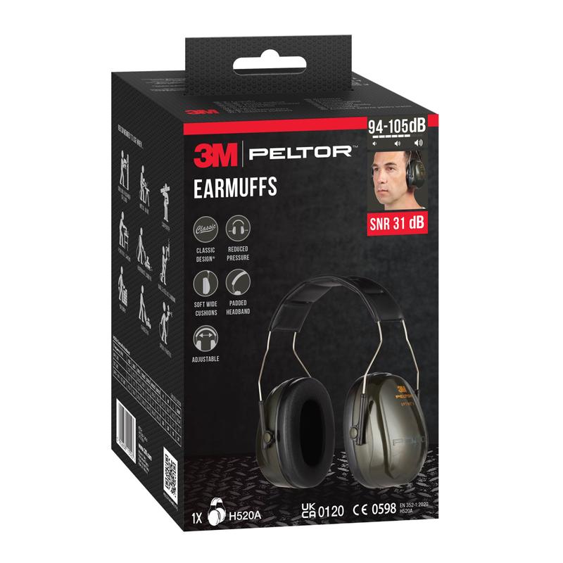 A green box with 3M™ PELTOR™ Optime™ II Ear Muffs H520A (SNR 31 dB) from 3M Deutschland GmbH, with product images and highlighting key features. The package contains 1 piece.