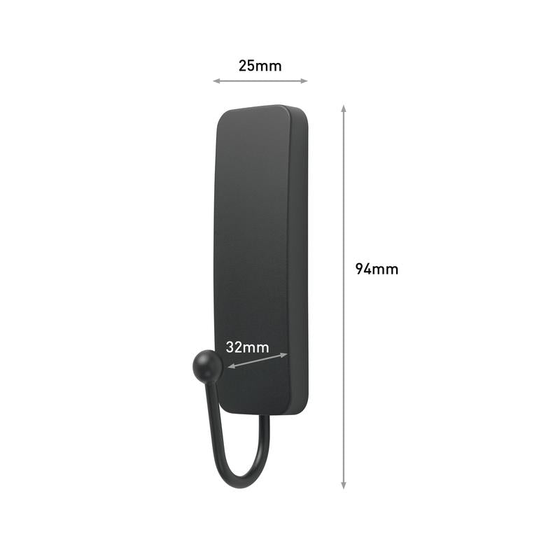 The medium-sized Command™ matte black hook (17034B) from 3M Deutschland GmbH features a rectangular backplate (94x25mm), with a hook that protrudes 32mm - ideal as a wall hook without drilling for easy, residue-free installation.