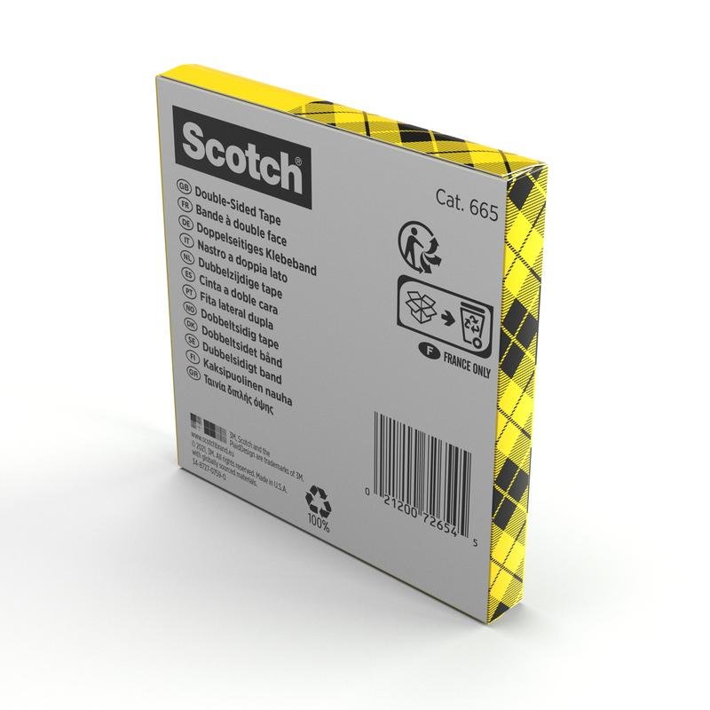 A packaging of 3M Deutschland GmbH Scotch® double-sided tape (1 roll, 12 mm x 33 m) shows multilingual information, barcode, and recycling symbols on the back. The packaging has a yellow-black checkered design.