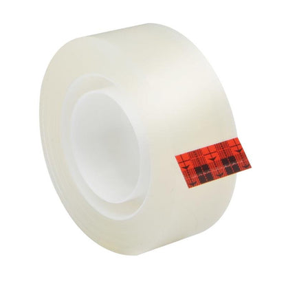 A roll of Scotch® Super-Hold Secure Tape, 1 roll, 19 mm x 25.4 m from 3M Deutschland GmbH is depicted with a red checkered adhesive strip, highlighting the transparent adhesive strength on a white background.