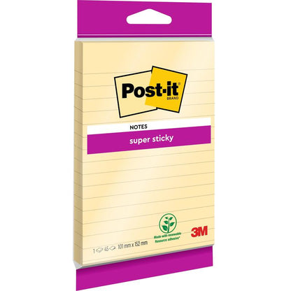 Post-it® Super Sticky Notes in large format from 3M Deutschland GmbH: Lined, extra strong hold, 102 x 152 mm, 45 sheets per pad, made from 100% PEFC-certified paper.