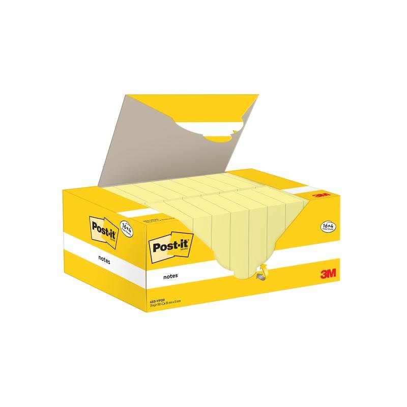 A yellow promotion pack of Post-it® Notes from 3M Deutschland GmbH, size 38 x 51 mm, contains 16 blocks plus 4 free (100 sheets/block), lid open to show several yellow notes; PEFC certified (SGSCH-PEFC-COC-110078).