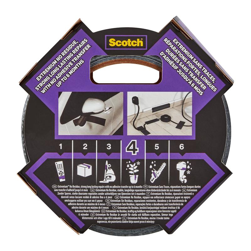 A pack of Scotch® Extremium™ No Residue High Performance Duct Tape (18.2 m x 48 mm) from 3M Deutschland GmbH, characterized by high strength, residue-free, and long durability. Contains 1 roll per pack.