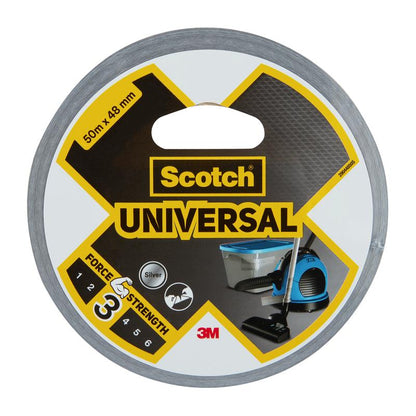 A roll of Scotch® Universal Tape 2904 from 3M Deutschland GmbH, silver, 50 m x 48 mm, with vacuum cleaner and trash can label image and strength level 3.