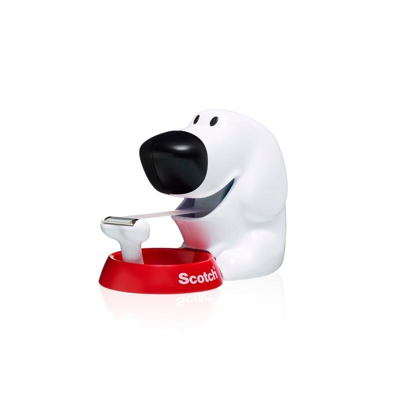 The Scotch™ desktop dispenser in dog design C31 by 3M Deutschland GmbH with a red base contains a roll of Scotch® Magic™ invisible tape (19 mm x 8.89 m) - an original office accessory against a white background.
