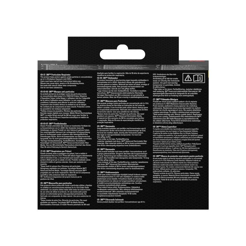 The product packaging of the 3M™ Quick Latch Respirator 6502QLKIT-1 (A2P3, for organic vapors) from 3M Deutschland GmbH shows multilingual instructions and icons for use with replaceable filters on a black background with a hanging hook.