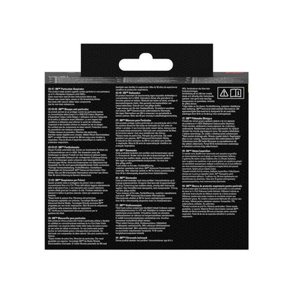 The product packaging of the 3M™ Quick Latch Respirator 6502QLKIT-1 (A2P3, for organic vapors) from 3M Deutschland GmbH shows multilingual instructions and icons for use with replaceable filters on a black background with a hanging hook.