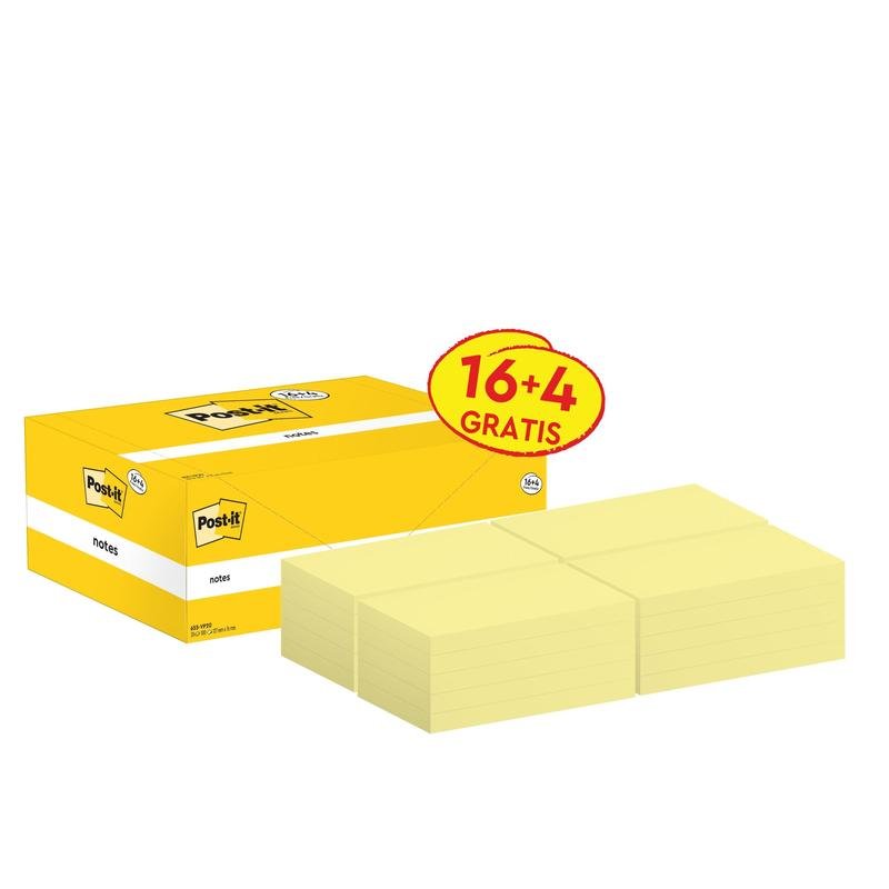 A yellow box of Post-it® Notes (76mm x 127mm, 100 sheets/block) from 3M contains 16 blocks plus 4 free. The label "16+4 FREE" makes this PEFC-certified office supply a valuable addition to any workspace.
