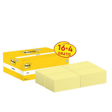 A yellow box of Post-it® Notes (76mm x 127mm, 100 sheets/block) from 3M contains 16 blocks plus 4 free. The label "16+4 FREE" makes this PEFC-certified office supply a valuable addition to any workspace.