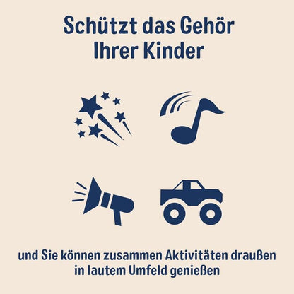 A graphic with German text about 3M™ Kids Hearing Protection with PKIDSP-TEAL-E (87-98 dB, teal) from 3M Deutschland GmbH. Icons: Glitter, musical note, megaphone, monster truck on a beige background with dark blue accents.