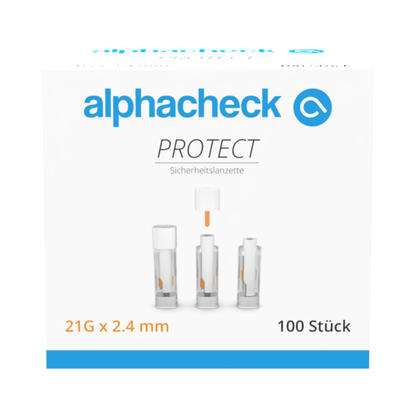 Box with 100 Alphacheck PROTECT safety lancets, 21G x 2.4 mm, from Berger Med GmbH. The front shows the product name, logo, and illustrations of the lancet in three stages, emphasizing painless blood collection.