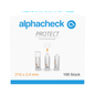 Box with 100 Alphacheck PROTECT safety lancets, 21G x 2.4 mm, from Berger Med GmbH. The front shows the product name, logo, and illustrations of the lancet in three stages, emphasizing painless blood collection.