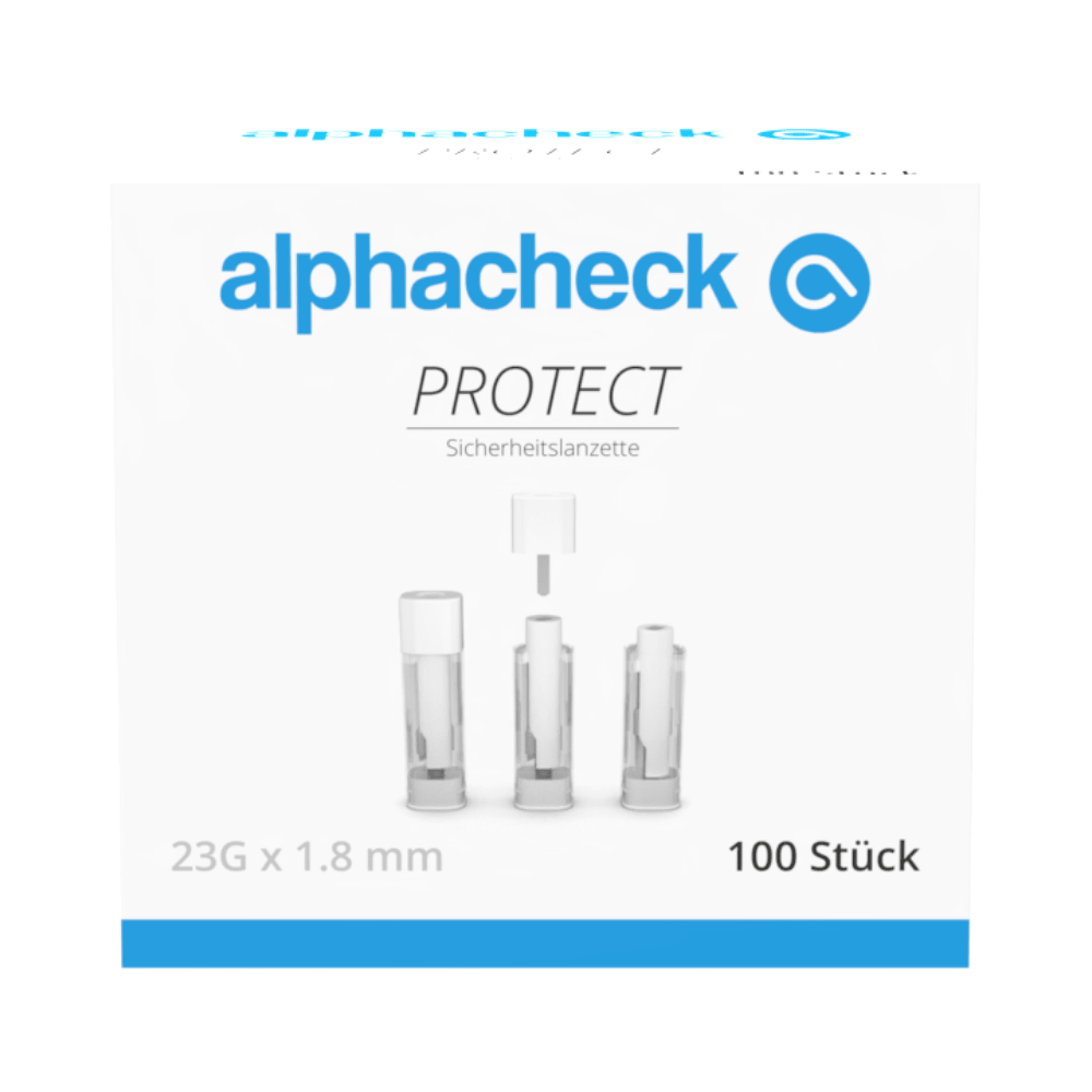 A white box with blue and gray accents bears the inscription "alphacheck PROTECT" from Berger Med GmbH and displays Alphacheck PROTECT safety lancets for painless blood collection with the inscription "23G x 1.8 mm" and "100 pieces" on the front.