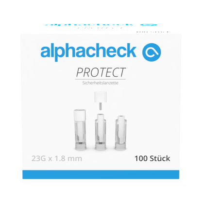 A white box with blue and gray accents bears the inscription "alphacheck PROTECT" from Berger Med GmbH and displays Alphacheck PROTECT safety lancets for painless blood collection with the inscription "23G x 1.8 mm" and "100 pieces" on the front.