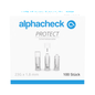 A white box with blue and gray accents bears the inscription "alphacheck PROTECT" from Berger Med GmbH and displays Alphacheck PROTECT safety lancets for painless blood collection with the inscription "23G x 1.8 mm" and "100 pieces" on the front.