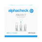 A box of Alphacheck PROTECT safety lancets (30G x 1.5 mm, 100 pieces) from Berger Med GmbH for painless blood collection; three lancets with protective caps and alphacheck logo on a white background.