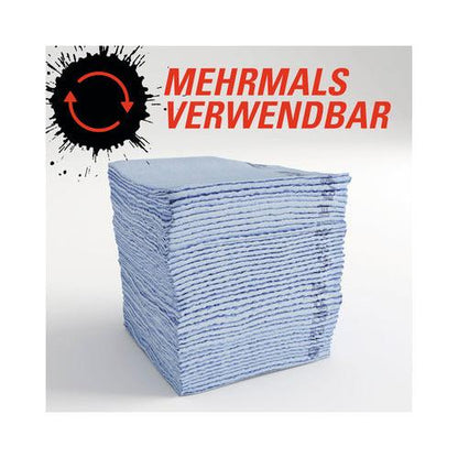 A stack of blue WypAll® ForceMax PowerClean quarter-folded cloths (1 dispenser box x 40 sheets) from Kimberly-Clark GmbH appears in front of a graphic with a circular arrow and "REUSABLE" in German.