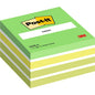 A stack of green and yellow Post-it® sticky notes cube (76 mm x 76 mm, 450 sheets/block, 100% PEFC) from 3M Deutschland GmbH, with the Post-it logo and product details on the packaging.