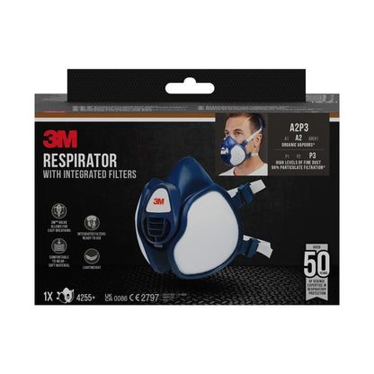3M™ respirator with integrated filters from 3M Deutschland GmbH in blue-white packaging shows product and female wearer. Highlighted features: high protection, comfort, over 50 uses. Model number: 4255+.