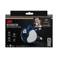 3M™ respirator with integrated filters from 3M Deutschland GmbH in blue-white packaging shows product and female wearer. Highlighted features: high protection, comfort, over 50 uses. Model number: 4255+.