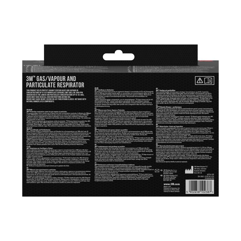 The back of the 3M™ respirator with integrated filters from 3M Deutschland GmbH contains product information, instructions, and warnings in multiple languages on a black background with white text, as well as a barcode at the bottom right.