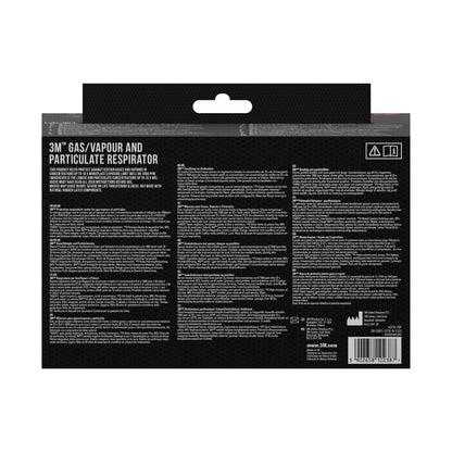 The back of the 3M™ respirator with integrated filters from 3M Deutschland GmbH contains product information, instructions, and warnings in multiple languages on a black background with white text, as well as a barcode at the bottom right.
