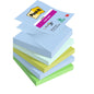 A stack of pastel-colored Post-it® Super Sticky Z-Notes, Boost Collection (76x76mm, 90 sheets/block, 100% PEFC), from 3M Deutschland GmbH, features strong adhesive and certified sustainability.