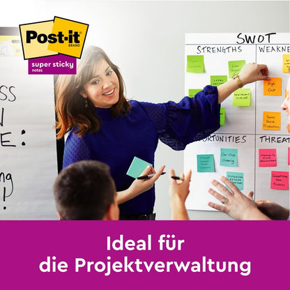A woman points to a SWOT diagram covered with yellow Post-it® Notes (76x76 mm, 90 sheets/block, 6 blocks/pack, 100% PEFC) from 3M Deutschland GmbH, while others watch. The text reads: "Ideal for project management."