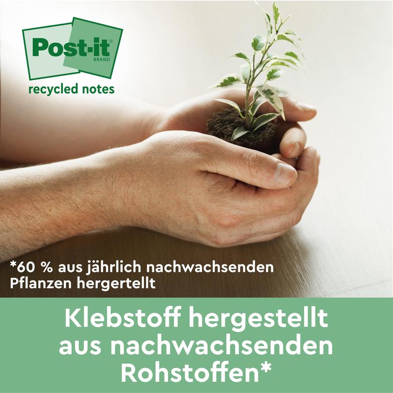 A person holds a small plant with soil next to a green banner in German, indicating that Post-it® Recycling Z-Notes (76x76 mm, 100 sheets/block, 100% PEFC) by 3M Deutschland GmbH are made from renewable resources and annually renewable plants.