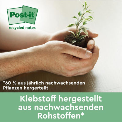 A person holds a small plant with soil next to a green banner in German, indicating that Post-it® Recycling Z-Notes (76x76 mm, 100 sheets/block, 100% PEFC) by 3M Deutschland GmbH are made from renewable resources and annually renewable plants.