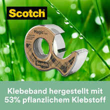 A 3M Scotch® Magic™ Tape (19 mm x 20 m, 1 roll + dispenser made from recycled material), made with 66% plant-based adhesive, is seen against a green background with water droplets.