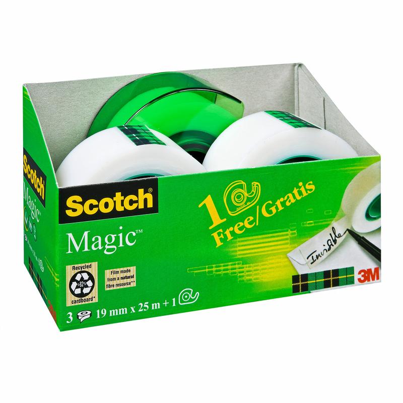 A pack of 3M Scotch® Magic™ Invisible Tape, 3 rolls (19 mm x 25 m) plus a free green hand dispenser in green-yellow packaging with recycling symbols and "1 roll free". Brand: 3M Deutschland GmbH.