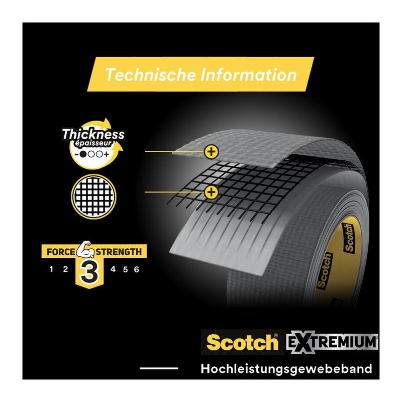 Close-up of the Scotch® Universal Tape 2904 from 3M Deutschland GmbH (50 m x 48 mm) with a cross-section graphic showing the thickness and reinforced mesh, as well as technical symbols for strength level 3 and additional thickness.