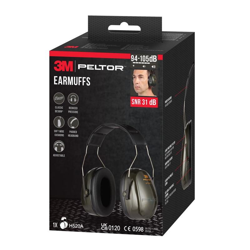 A box of 3M™ PELTOR™ Optime™ II Ear Muffs H520A (1 piece, green) from 3M Deutschland GmbH features an SNR value of 31 dB, adjustable fit, and soft cushions for comfort.