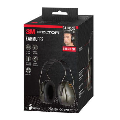 A box of 3M™ PELTOR™ Optime™ II Ear Muffs H520A (1 piece, green) from 3M Deutschland GmbH features an SNR value of 31 dB, adjustable fit, and soft cushions for comfort.