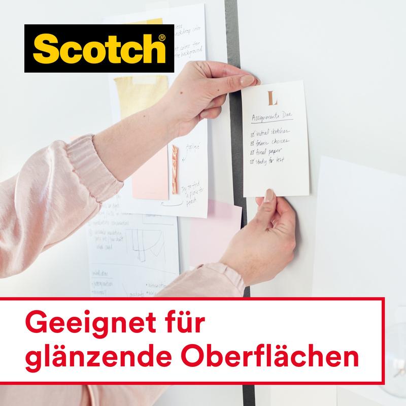 A person attaches a note to a whiteboard with Scotch® Crystal Tape, refill pack, 19 mm x 25 m, 1 roll from 3M Deutschland GmbH. The Scotch logo is at the top left. Below it is a German text: "Suitable for glossy surfaces.