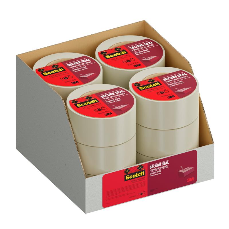 A display box from 3M Deutschland GmbH contains eight rolls of Scotch® packaging tape for secure sealing (50 mm x 50 m), each with a red label, neatly arranged in two rows. The front of the box is adorned with a matching red label.