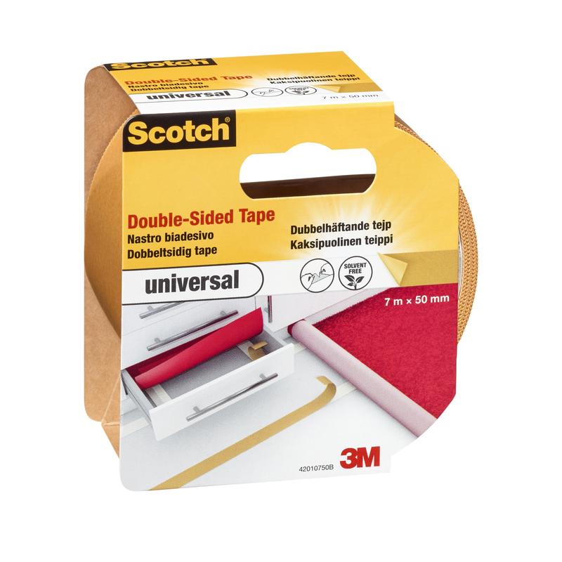 On a packaged roll of Scotch® double-sided tape UNIVERSAL (7 m x 50 mm) from 3M Deutschland GmbH with the label "universal," features in multiple languages and images for use on furniture and carpets are depicted.
