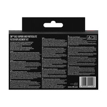 Rear view of a 3M™ Filter Set 6002-1, A2P2 organic vapors (2x6055, 2x5925, 2x501) | Package (1 piece) from 3M Deutschland GmbH, with product details, instructions, and warnings about organic vapors in multiple languages.