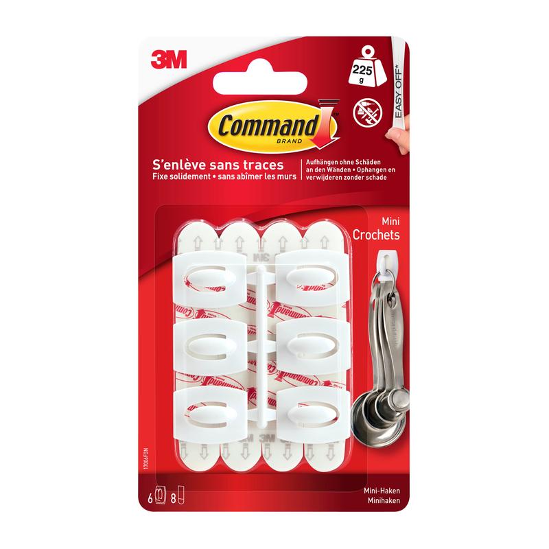 The Command™ Mini Hook, 17006 from 3M Deutschland GmbH, contains six white hooks with adhesive strips for damage-free, drill-free hanging. Removable without residue; delivered in red and white packaging.