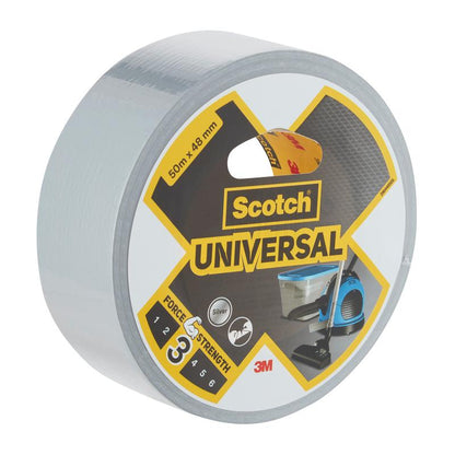 A roll of silver Scotch® Universal Tape 2904 from 3M Deutschland GmbH (50 m x 48 mm) with a strength class of 3/5 and packaging featuring images of a vacuum cleaner and a pipe.