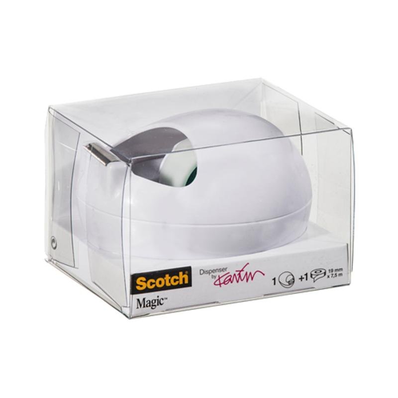 A Scotch™ Karim Rashid tape dispenser from 3M Deutschland GmbH is in a clear plastic package with a white dispenser and a label on the front displaying brand and product details in black and yellow text.